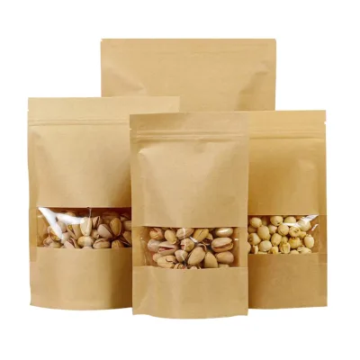 Custom Brown Doypack Kraft Paper Zip Bag Clear Window Durable Yellow Stand up Pouch for Coffee Sugar Tea Packaging Your Logo