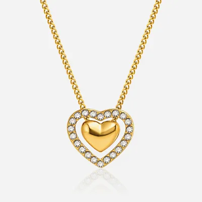 Vintage 3D Double Heart CZ Zircon Pendant Necklace Stainless Steel 18 Gold Plated Heart Necklace for Mothers Day Gift