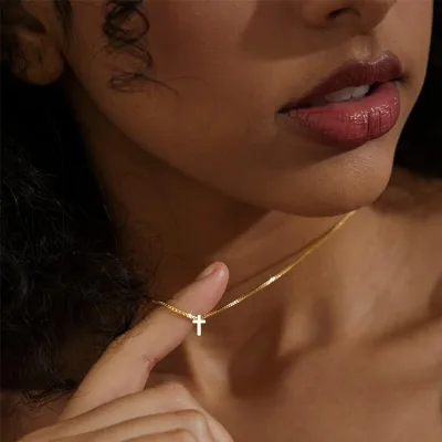 Tiny Flat Cross Pendant Necklace | Gold/Silver Box Chain Minimalist Religious Jewelry