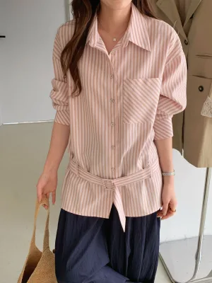 Women Striped Long Sleeve Button Down Shirt With Matching Waist Belt Chest Pocket Loose Fit Casual Office Blouse