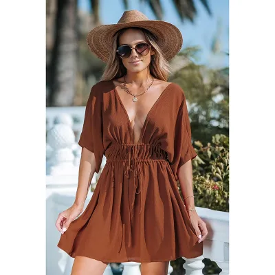 V-neck Brown Backless Waist Tie to Look Slim and Loose Short Tropical Beach Skirt