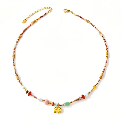 Fashion Gold Plated Elephant Pendant Natural Stone Beaded Necklace for Women Vintage Necklace