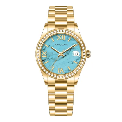 High Quality Gold Plated Luxury Antique Coin Luxury Women's Watch Diamond Iced Stainless Steel Band Quartz Movement Pointer 16mm