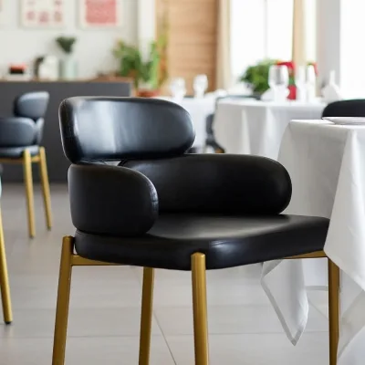 Fancy Design Black PU Leather Soft Cushioned Restaurant Chair with Gold Color Legs for Dining and Hotel Use