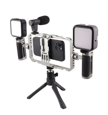 Universal Phone Rig Vlogging Kit Video Stabilizer with Dual Handle Wireless Mic Clip Slot for Tiktok/YouTube