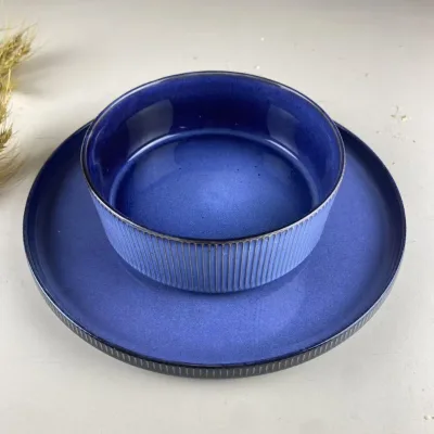 Blue Color Reactive Kiln Glaze Nordic Modern European 12 Pcs Stone Ware Dinner Set