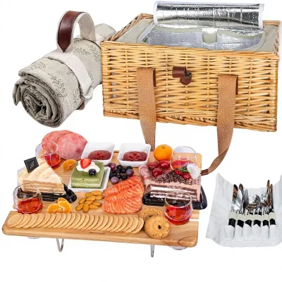 bamboo Picnic Basket 4-Person Folding Wine Table Insulated Cooler Bag Cutlery Service Kits-Wedding Gift