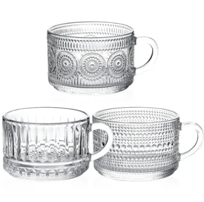 Vintage Glass Coffee Mugs Clear Breakfast Cups with Handle Stackable Embossed Glass Cups