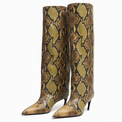 Women Suede Long Boots Hook High Heels Pointed Toe Leopard Print Knee High Booties Top Wide Slip on Shoes