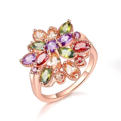 Multi Color Stone Ring Rose Flower Ring for Women