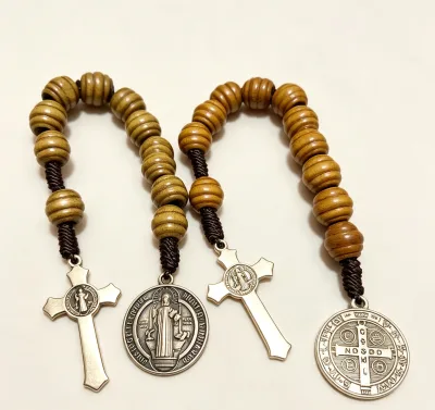 Wholesale Custom Wood Rosary Bracelet with St Benedict Medal & Cross, Braided Cord Catholic Prayer Jewelry
