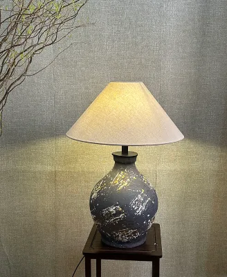 XL SIZE Black Japandi Stoneware Earthenware Unglazed Ceramic Textured Table Lamp Wabi Sabi for Bedside Dresser and Living Room