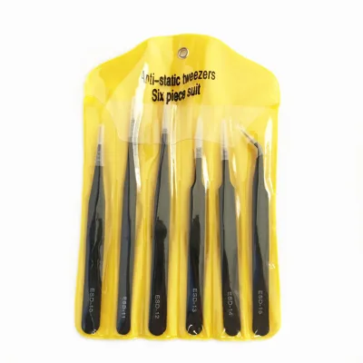 Stainless Steel ESD-15 Black Precision Tweezers Kit Ergonomic Straight Elbow with Curved Tip Anti-Static Plastic Tweezers