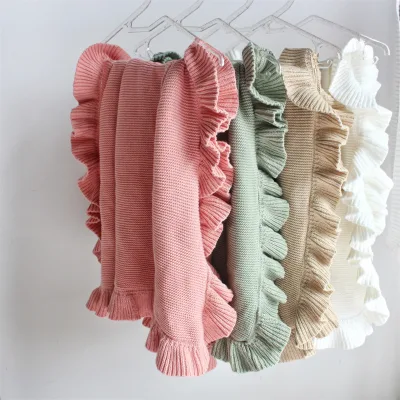 100% Cotton Ruffle Knitting Plain Baby Blanket Thick Knitted Baby Blanket With Ruffled Trim Solid Color Baby Blanket