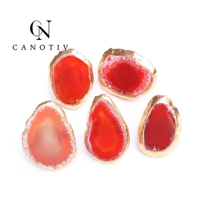 Natural Original Stone Agate Ring Plate Gold Metal Jewelry Orange Red Stone Engagement Rings for Sale