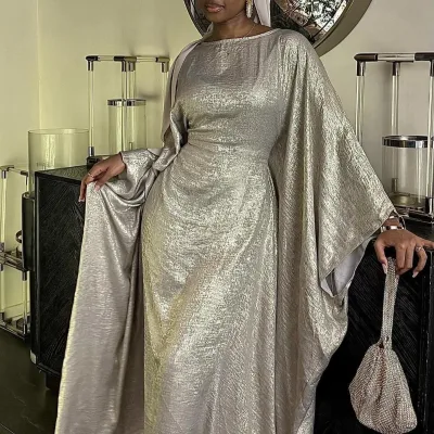 Middle Eastern Abaya Dubai Turkish Modest Women Elegant Islamic Batwing Sleeve Gold Silver-Plated Muslim Traditional Dress