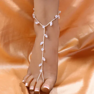 Modern Classic 18K Gold Stainless Steel Foot Jewelry Zircon Glass Double-layer Toe Ring Anklets