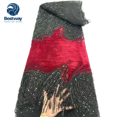 Bestway Black Mix Red Beaded Velvet Lace Fabric African Beaded Dress Beautiful Sequence Net Lace for Party Weeding