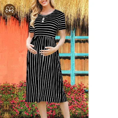 Casual High-waisted Maternity Dress Mid-long Striped Skirt With Two Sides Pocket