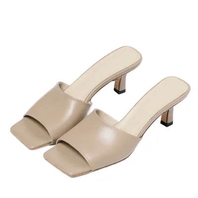 Summer Fashion Trend Ladies Pointed Toe Kitten Heel Genuine Leather Open Mules & Heeled Sandals-Wedding Shoes Height Increasing