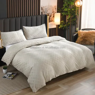 FY Customized Logo Wholesale Soft Beige Diamond Embossed 100% Polyester Flannel Fleece Bedding Set for Adults Kids