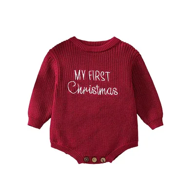 Christmas Jumpsuit for Baby 100% Organic Cotton Knit Romper with Embroidery Baby Sweaters
