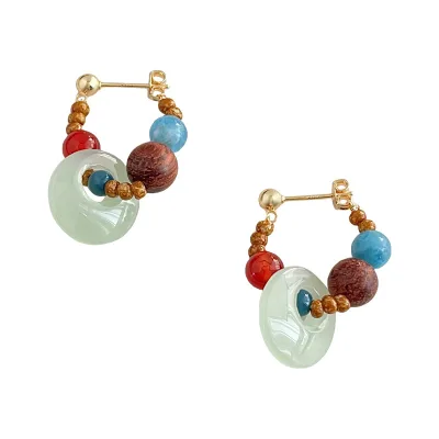 Colorful Charm Handmade Threaded Beaded Jade Agate Aquamarine Glass Copper Earrings for Women Anniversary Matching