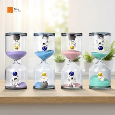 Modern Double Bulb Clear Glass Hourglass Upper Lower 3D Astronaut Figurine Handmade Kid Bedroom Space Themed Decoration Gift