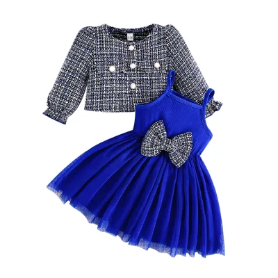 Autumn and Winter Girls' Sweet Striped Pattern Two-Piece Set Small Fragrance Wind Coat & Halter Skirt in Wistered Fabric