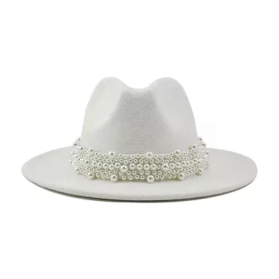 Vintage Pearl Band Fedora Hat Trendy Wide Brim Trilby Panama Hat