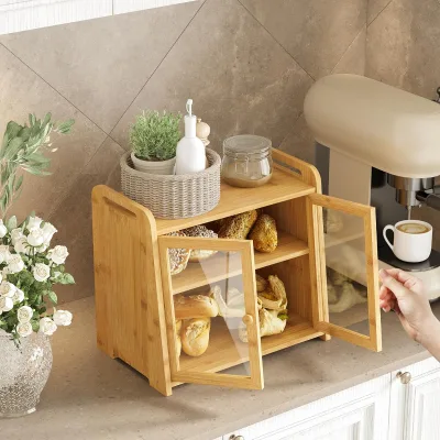 Bamboo Double Layer Bread Box Large Capacity Wooden Storage Cabinet with Clear Acrylic Doors