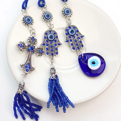 Lucky Eye Braided Rope Heart Tassel Wall Hanging Handmade Blue Turkish Evil Eye Pendant Keyring for Car rearview mirror pendant