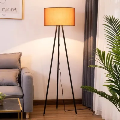 Modern Design Decoration Standing Light Linen Fabric Tripod Metal Floor Lamp For Hotel Reading Room Bedroom