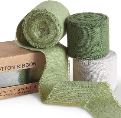 1.5'' X 5 Yards Dark Green Double Face Cotton Ribbon Handmade with Frayed Edge for Invitations Low MOQ