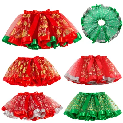 2026 New Year Christmas Girls' Printed Satin Puffy Gold-Plated Tree Tutu Skirt Children's Princess Dress Small Medium