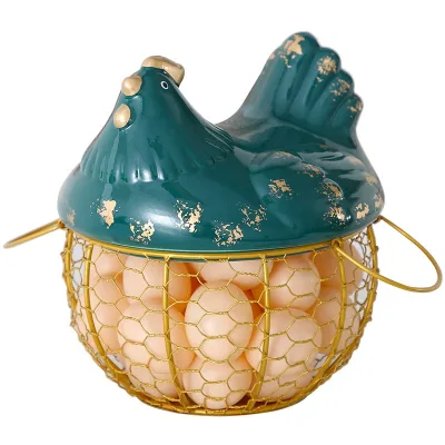 Nordic Light Luxury Ceramic Chicken Storage Basket With Lid Wrought Iron Decoration Egg Box