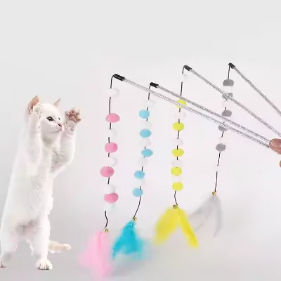 2025 Hot Sale Sustainable Cat Teaser Stick New Style Acrylic Colorful Pompoms Feather Toy Made of Plush and Nylon Box Packing