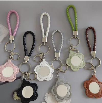 Wholesale PU Leather Flower Mirror Keychain, Portable Braided Strap Pocket Mirror Keyring with Lobster Clasp for Women