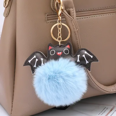 Fluffy Eco-Friendly Soft Key Chains Cartoon Bat PomPom Fur Puff Ball Pendant Cute Small Stuffed Animal Plush Toys Charm