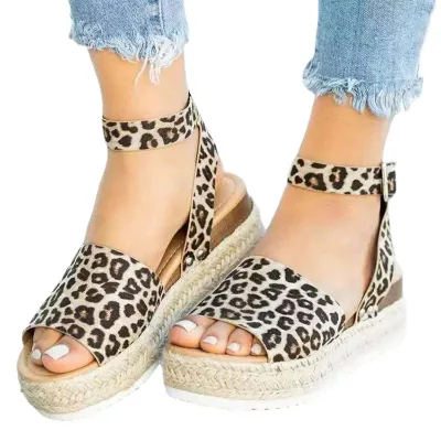 Leopard Print Plus Size Women's Thick Soled Wedge Heel Single Button Sandals with PU Upper, Lightweight and Non slip