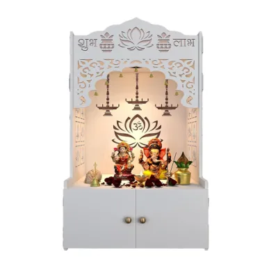 Handicraft White Cabinet Customized Size Pooja Mandir Wood Home Mandir Temple