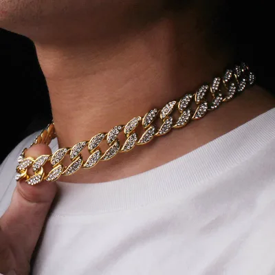 Hip-hop Style Cuban Link Chain Gold-plated Men's Cuban Chain Necklace Rhinestone Inlaid Alloy Necklace for Men