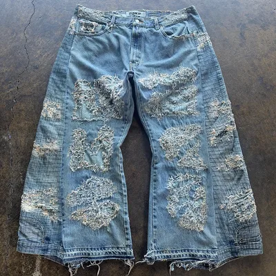 DiZNEW High Quality Luxury Summer Streetwear Jeans Shorts Ripped Cat Whiskers Loose Jorts Men Streetwear Jeans