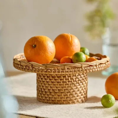 Handwoven Rattan Pedestal Fruit Basket Display Stand Rustic Wicker Serving Tray for Kitchen Counter or Dining Table Decor