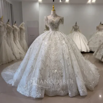 Jancember XS144 Sparkly Short Sleeve Tassel Stones Elegant Wedding Shiny Long Tail Gowns Dresses