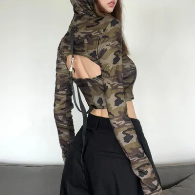 Camouflage Vintage Crop Top Long Sleeve Y2K T-Shirts Women Street Wear Hooded Backless T Shirts