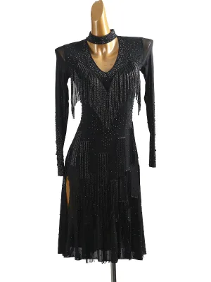 2026 High-End Black Latin Dance Competition Costume  Mesh Long-Sleeved Hot-Stone-Embroidered Tassel Performance