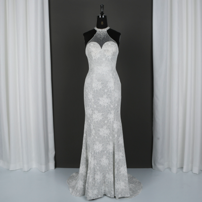 Real Picture Chiffon Lace Halter Bridal Wedding Gown Mermaid Beaded Plus Size Wedding Bride Dress