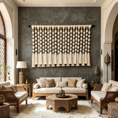 Factory Direct Moroccan Boho Cotton Rope Tassel Ivory Wall Sculpture for Hospitality Commercial Wall Decor
