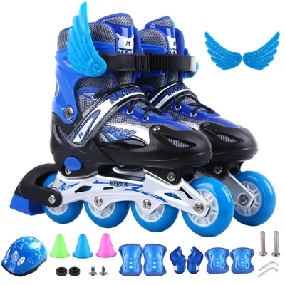 Adjustable Full Set Children's Flashing In-Line Roller Skates with Protective Gear for Outdoor Practice